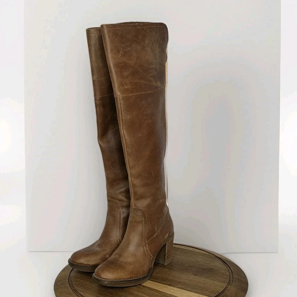 Fly London Over Knee-high Boots Sz 39 Us 8 Brown Leather Elastic Gusset Zipper